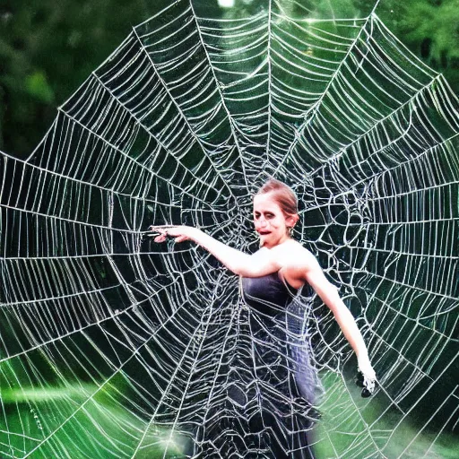 Prompt: trailcam footage of emma watson hanging from and trapped in a giant spider web