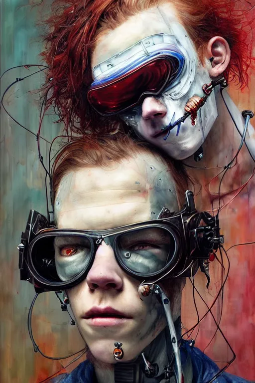 Image similar to cameron monaghan as a cyberpunk hacker, wires cybernetic implants, by esao andrews, jenny saville, james jean, dark art