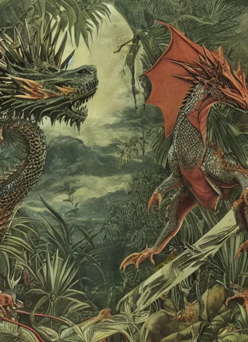 Image similar to game of thrones dragon in a tropical forest, john james audubon, ernst haeckel, intaglio, sharp focus