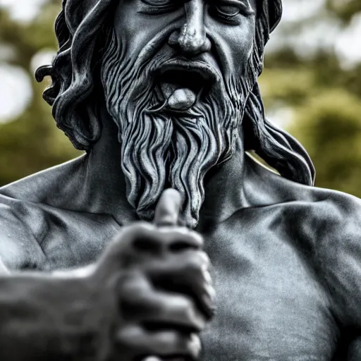 Image similar to statue of frustrated Poseidon very annoyed and complaining with wild gestures to the camera, Sigma 85mm f/1.4