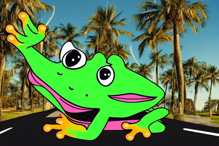 Image similar to human face as a frog driving a car, palm trees