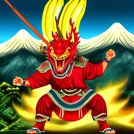 Image similar to Chinese president, battle, bananas weapon, dragon, mountains background, fighting stance, painting