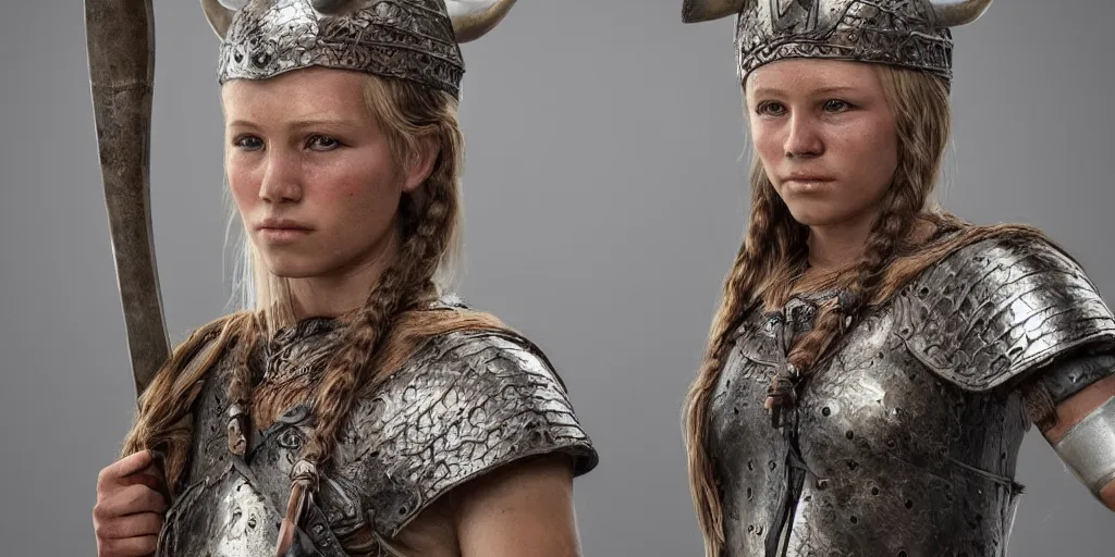 Prompt: a beautiful viking female warrior, realistic, highly detailed.