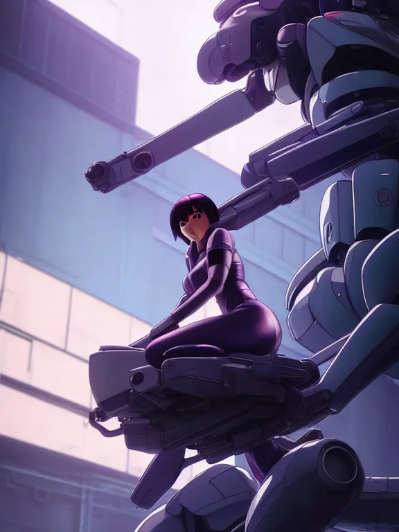 Image similar to a fullbody action still of motoko kusanagi riding on top of a tachikoma, the major ghost in the shell : : stand alone complex, under repairs, maintenance : : by ilya kuvshinov, rossdraws, artgerm, sola digital arts, anti aliasing, raytracing : :