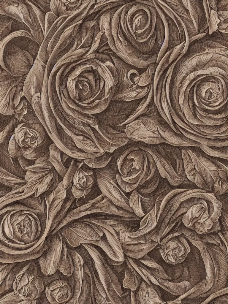 Prompt: beautiful decorative classical ornament fibonacci rhythms, roses, rose petals, leaves, stems, highly detailed etching, rendered in octane