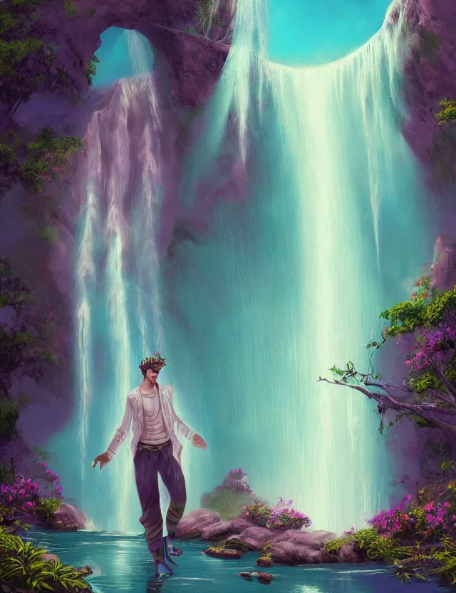 Prompt: full - figured techno - embroidered androgynous man decorated with filigree and beads walks by a waterfall in the sky, safe for work, vivid pastel color scheme, by award - winning concept artist, dynamic composition, backlighting, radiant light