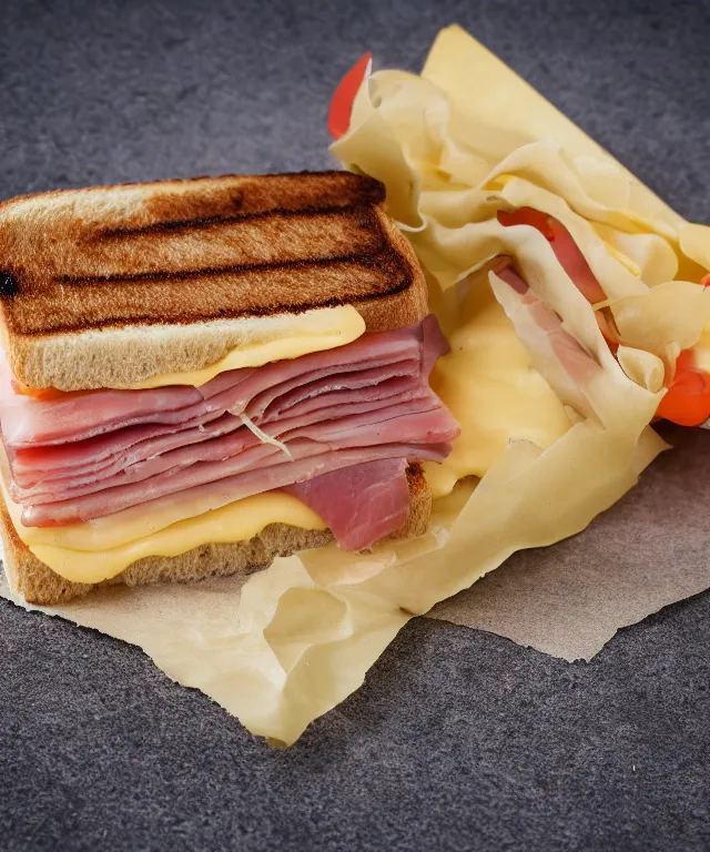 Image similar to high quality presentation photo of a ham & cheese sandwich, photography 4k f1.8 anamorphic bokeh 4k Canon Nikon