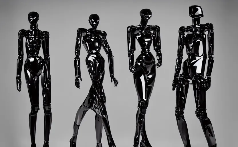 Prompt: gleaming black construction robots designed by alexander mcqueen, award winning fashion photography, beautiful soft lighting