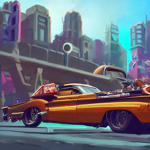 Prompt: swagger! ratrod, lowrider culture, living large in the city by tyler edlin, editorial, detailed, bold colors, incredible lighting, great composition, artstation