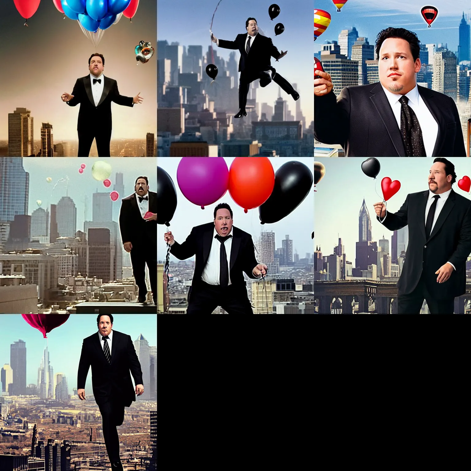 Prompt: clean-shaven Jon Favreau as Happy Hogan wearing a black suit and black necktie holding onto a bunch of helium balloons as he floats high above a city