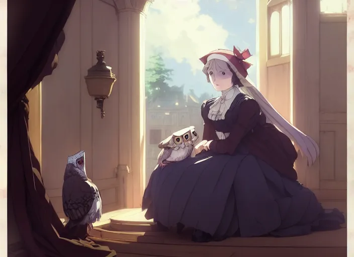 Image similar to victorian britain 1 8 3 5, florence nightingale travelling in a carriage with her pet owl in the pocket of her apron gapmoe yandere grimdark, trending on pixiv fanbox, painted by greg rutkowski makoto shinkai takashi takeuchi studio ghibli