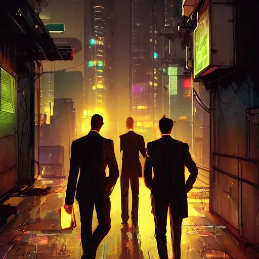 Prompt: two cyberpunk businessmen, detailed digital illustration by greg rutkowski, cyberpunk back alley, nighttime, colorful lighting