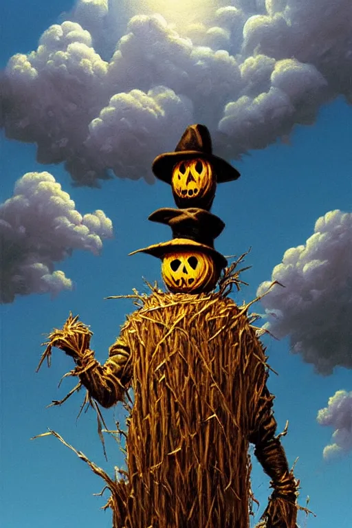 Prompt: classic oil painting, an evil scarecrow with a face made of straw, as a dnd character, standing on top of a skyscraper in a dense urban city, highly detailed, digital illustration, cumulus clouds, plotting, concept art, smooth, sharp focus, art by tim hildebrandt, and greg hildebrandt