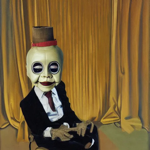Prompt: oil painting of ventriloquist's dummy, sitting on chair with black leather seat, with gold comedy and tragedy masks on floor, black curtains in background, by neo rauch and paula rego