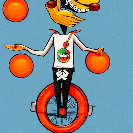 Image similar to funny clown riding a unicycle while juggling bowling pins, concept art, illustrated, highly detailed, high quality, bright colors, optimistic,