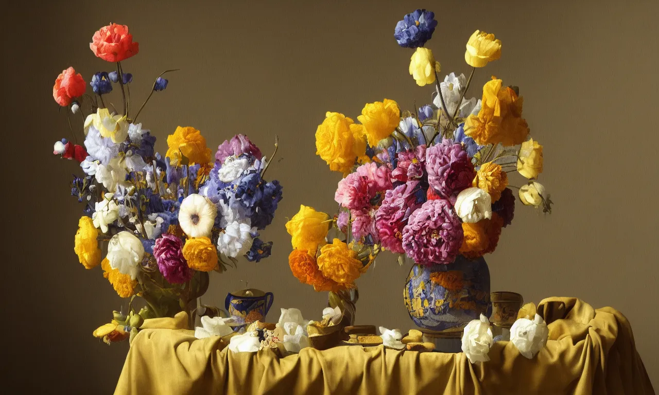 Image similar to still life of a big vase of flowers painted by Johannes Vermeer, vivid colors, high details, cinematic, 8k resolution, beautiful detailed, photorealistic, digital painting, artstation, concept art, smooth, sharp focus, illustration, fantasy background, artstation trending, octane render, unreal engine