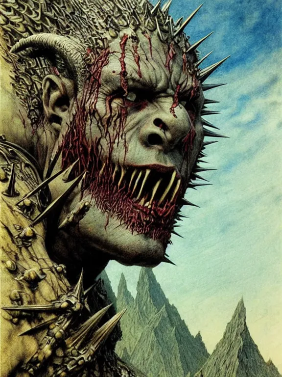 Image similar to A powerful large orc with pale skin covered in scars stands near the mountains, wearing spiky complex detailed armor without a helmet. Extremely high detail, realistic, fantasy art, scars, solo, masterpiece, saturated colors, art by Zdzisław Beksiński, Arthur Rackham