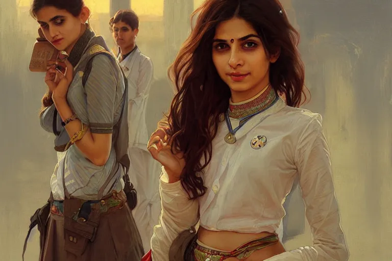 Image similar to Anxious good looking pale young Indian doctors wearing skirts and shirts at the airport, portrait, elegant, intricate, digital painting, artstation, concept art, smooth, sharp focus, illustration, art by artgerm and greg rutkowski and alphonse mucha