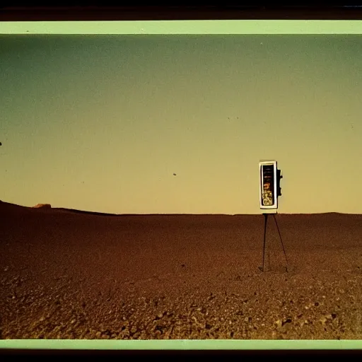 Prompt: a distant slot machine in the middle of a desert at night, very dark, dark lighting, old polaroid, damaged film, expired film, slightly blurry, liminal space, surreal,