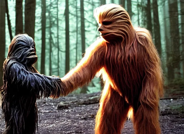 Image similar to donald trump shaking hands with chewbacca on the forest moon of endor, 3 5 mm photography, highly detailed, cinematic lighting