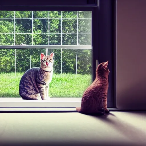 Image similar to cat watching a martian landscape from inside a window, standing in the floor next to a bowl with cat food