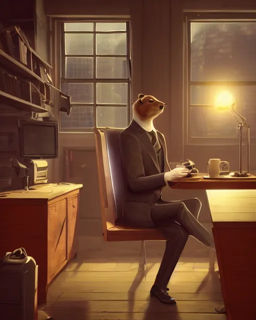 Image similar to artstation scifi scene of a weasel in suits drinking tea ， in a shabby lawyer office, wooden furnitures summer unreal engine 5, hyper realism, realistic shading, cinematic composition, blender render, octane render, hdr, detailed textures, photorealistic, wide shot