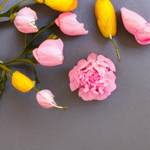 Image similar to perfume bottle sitting on a pile of pale pink and yellow flowers close shot, light pink background, softly - lit, soft - femme, zen, light, modern minimalist f 2 0 clean