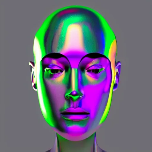 Image similar to 3d render of holographic human robotic head made of glossy iridescent, surrealistic 3d illustration of a human face non-binary, non binary model, 3d model human, cryengine, made of holographic texture, holographic material, holographic rainbow, concept of cyborg and artificial intelligence