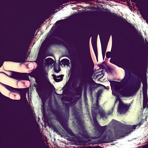 Image similar to a selfie of a woman making bunny ears with her fingers, fisheye lens photography, with a spooky filter applied, with a figure in the background, in a halloween style.