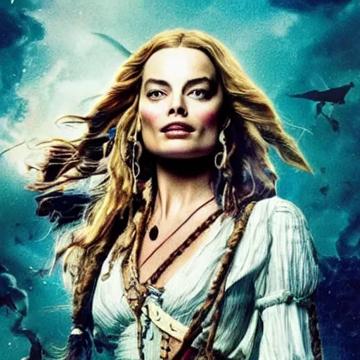 Image similar to margot robbie replacing johnny depp in the lead role in pirates of the caribbean ( 2 0 2 4 ) film poster