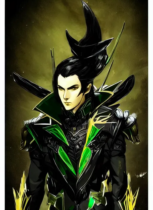 Image similar to Half body portrait of a handsome black haired elven warlord in black, green and gold jacket. In style of Yoji Shinkawa and Hyung-tae Kim, trending on ArtStation, dark fantasy, great composition, concept art, highly detailed.