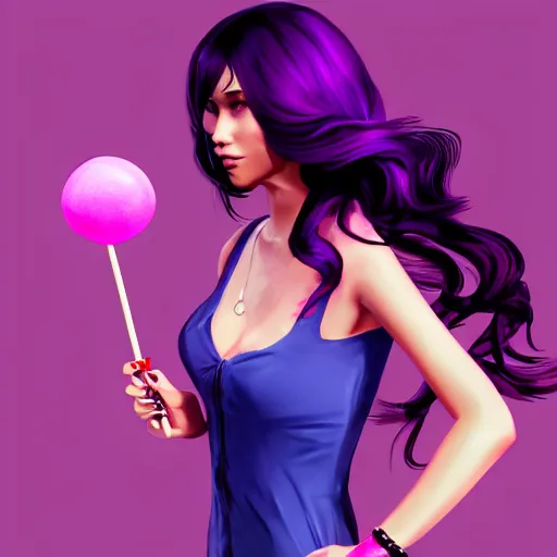 Image similar to a stunning GTA V loading screen with a beautiful woman with ombre hairstyle in purple and pink blowing in the wind licking a lollipop, digital art, trending on artstation