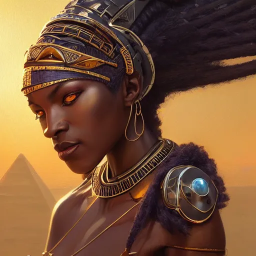 Image similar to highly detailed portrait of an african egyptian goddess, intricate alien technology, stephen bliss, unreal engine, fantasy art by greg rutkowski, loish, rhads, ferdinand knab, makoto shinkai and lois van baarle, ilya kuvshinov, rossdraws, tom bagshaw, global illumination, radiant light, detailed and intricate environment