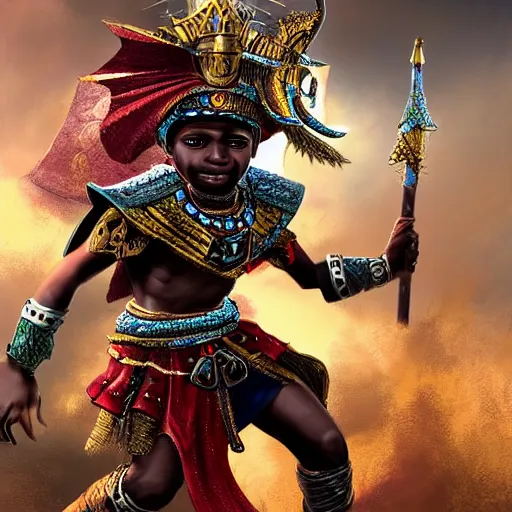 Prompt: a young black boy dressed like an african moorish warrior in gold armor and a crown with a ruby, charging through a dragons lair, for honor character digital illustration portrait design, by adi granov, dramatic lighting, wide angle dynamic action shot