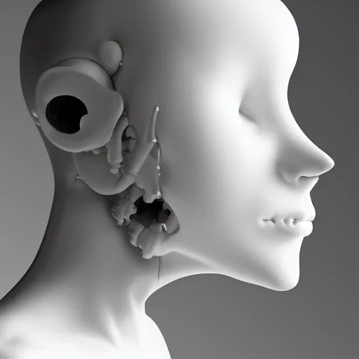Image similar to black and white dreamy foggy smoky profile face portrait, single skeletal biomechanical beautiful young female cyclops - cyborg - robot bust, body ribs meshes,, volumetric light, rim light, by dora maar and cecile beaton, big gothic fashion pearl embroidered collar, 8 k