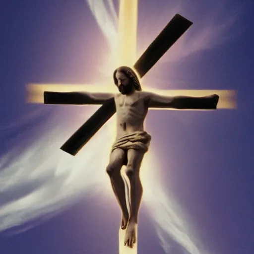 Image similar to jesus on a cross being launched into space