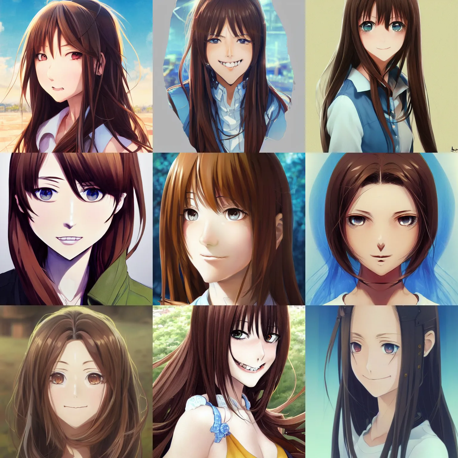 Prompt: An anime portrait of a woman with straight brown hair looking straight, she has a smile, bright blue eyes, without glasses, and her whole head fits in the frame, by Stanley Artgerm Lau, WLOP, Rossdraws, James Jean, Andrei Riabovitchev, Marc Simonetti, and Sakimi chan, trending on artstation
