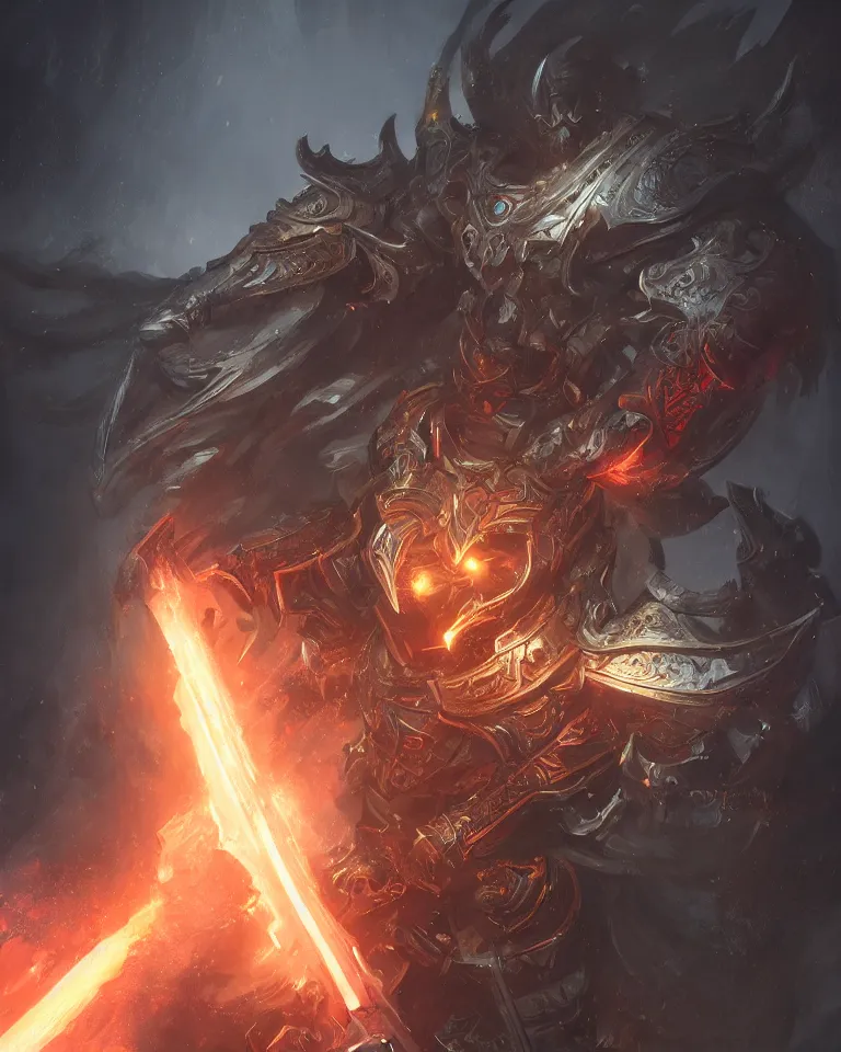 Image similar to portrait of a fantasy paladin wielding a sword with black flames, intricate baroque armour, glowing aura, trending on artstation, 4 k, greg rutkowski, concept art, matte painting