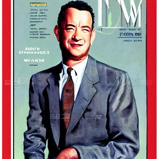 Image similar to “Tom Hanks portrait, color vintage magazine illustration 1950”