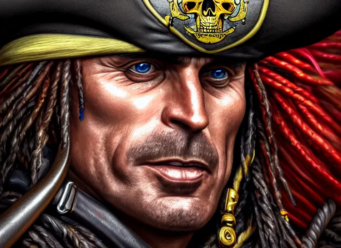 Image similar to highly detailed portrait of jair bolsonaro as a dread pirate captain, proudly posing at the helm of his frigate wearing a pirate hat, artstation, cinematic lighting, hyperdetailed, cgsociety, 8k, high resolution, insanely detailed and intricate