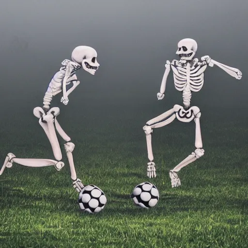 Image similar to two skeletons playing football in a graveyard at dawn