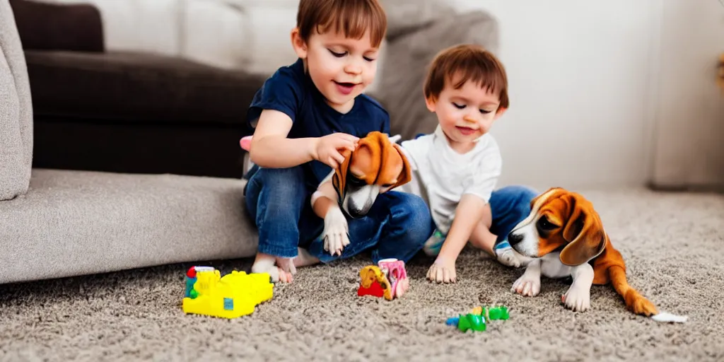 Image similar to toddler playing with pet beagle