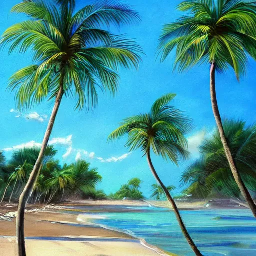 Image similar to A beautiful award winning painting of a tropical beach with palm trees and blue ocean, trending on artstation