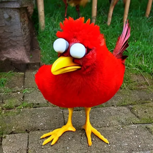 Prompt: you wake up to see the funky chicken standing over you with a wicked grin on his beak