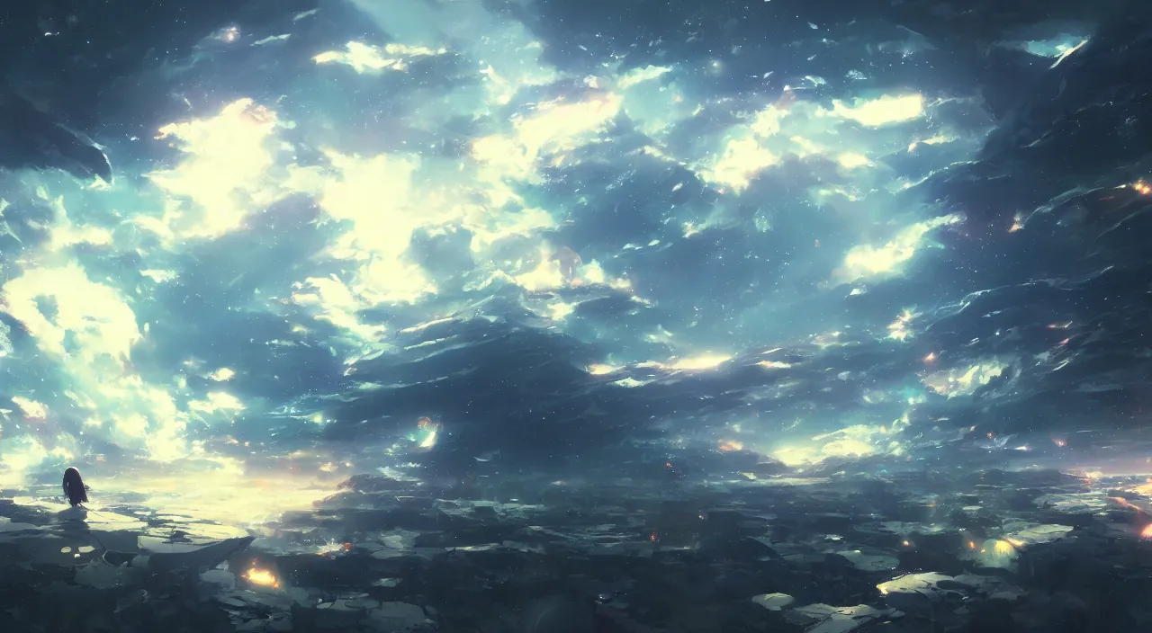 Prompt: scary art, epic, beautiful landscape, cinematic, clear focus, japenese light novel, abstract art, magical, space art, by makoto shinkai