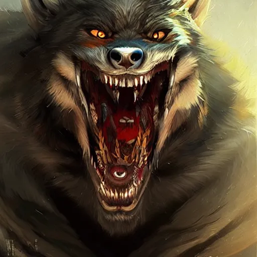 Image similar to very beautiful asian girl becoming a ferocious werewolf, large teeth, epic digital painting, art by greg rutkowski and raymond swanland, extreme detail