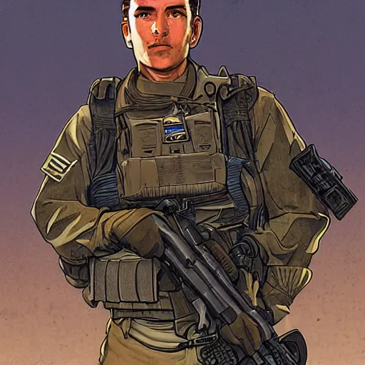 Image similar to Hector. Handsome USN special forces recon operator in near future gear, cybernetic enhancment, on patrol in the Australian neutral zone, 22 years after the Helvetica Event. 2087. Concept art by James Gurney and Alphonso Mucha