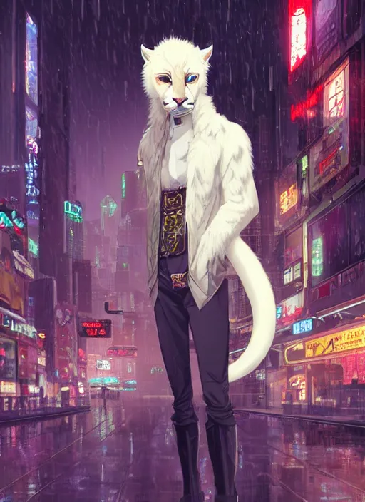 Image similar to character portrait of a male anthro albino mountain lion fursona with a tail and a cute beautiful attractive furry face wearing stylish cyberpunk clothes in a cyberpunk city at night while it rains. hidari, color page, tankoban, 4K, tone mapping, Akihiko Yoshida.