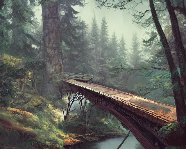 Prompt: bridge in the forest, andre shulze, brian despain, chris mars, artstation