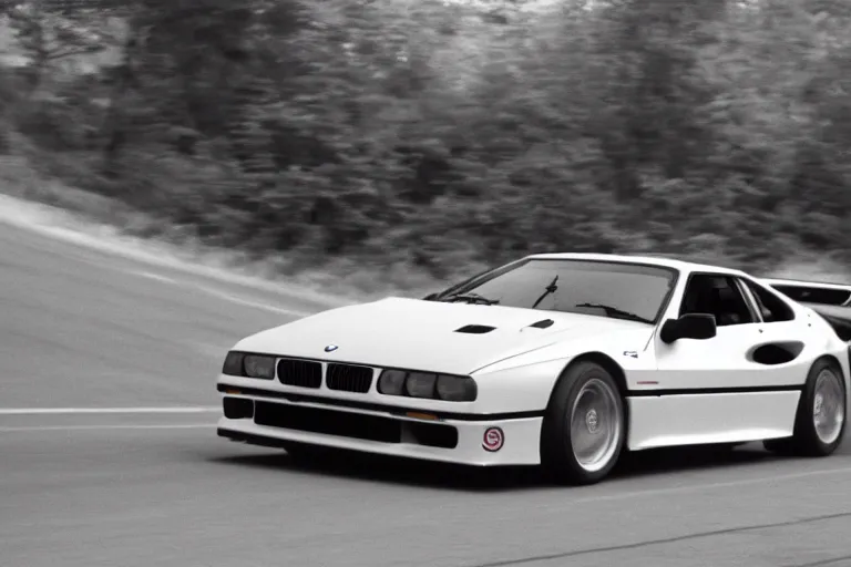 Prompt: vintage archival race footage of a single 1995 Vector W8 Twin Turbo, with elements of the BMW M1, movie still, speed, cinematic Panavision 5384 film